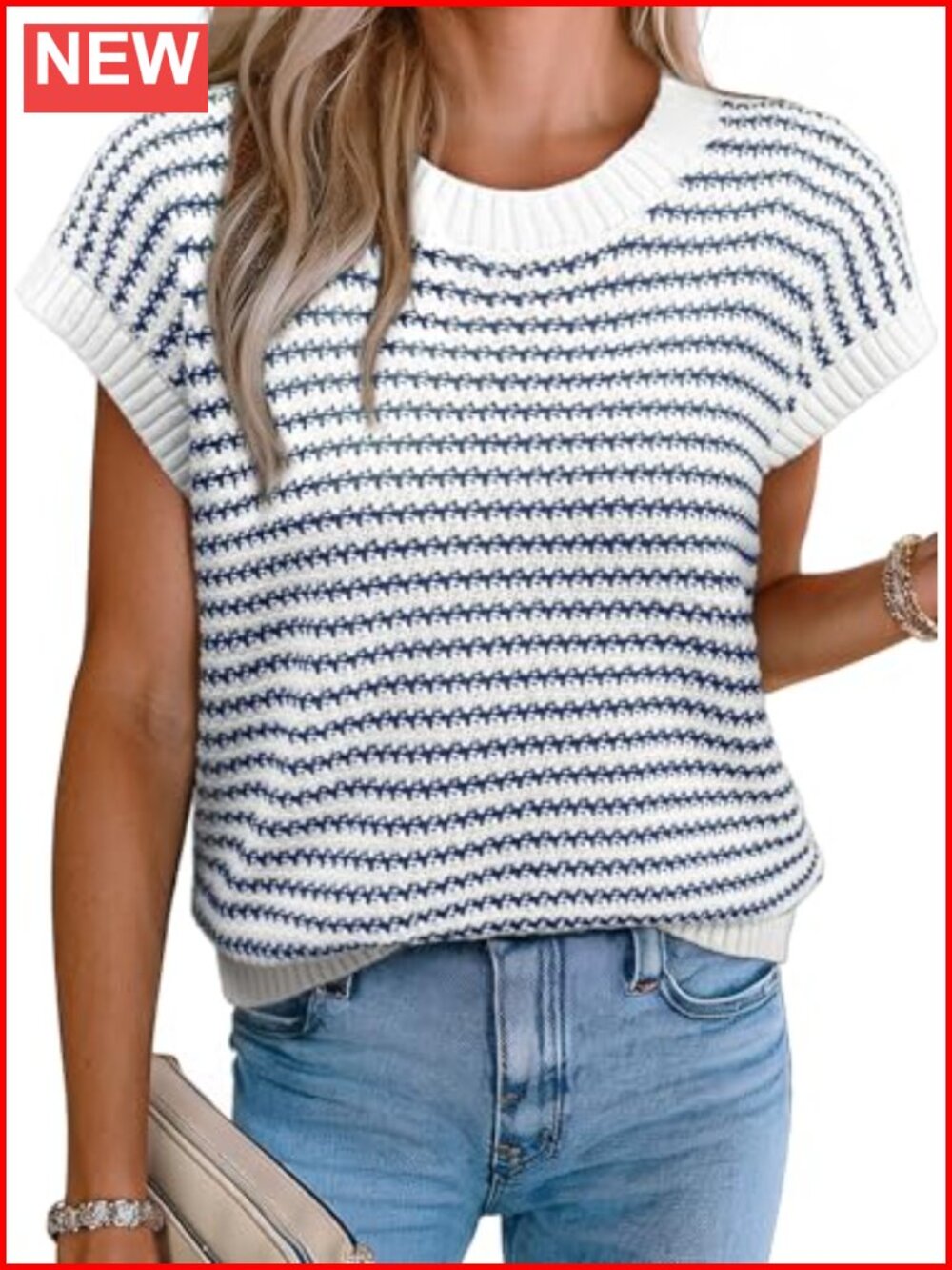 Women's Striped Cap Sleeve Sweater Vest Round Neck Tank Top